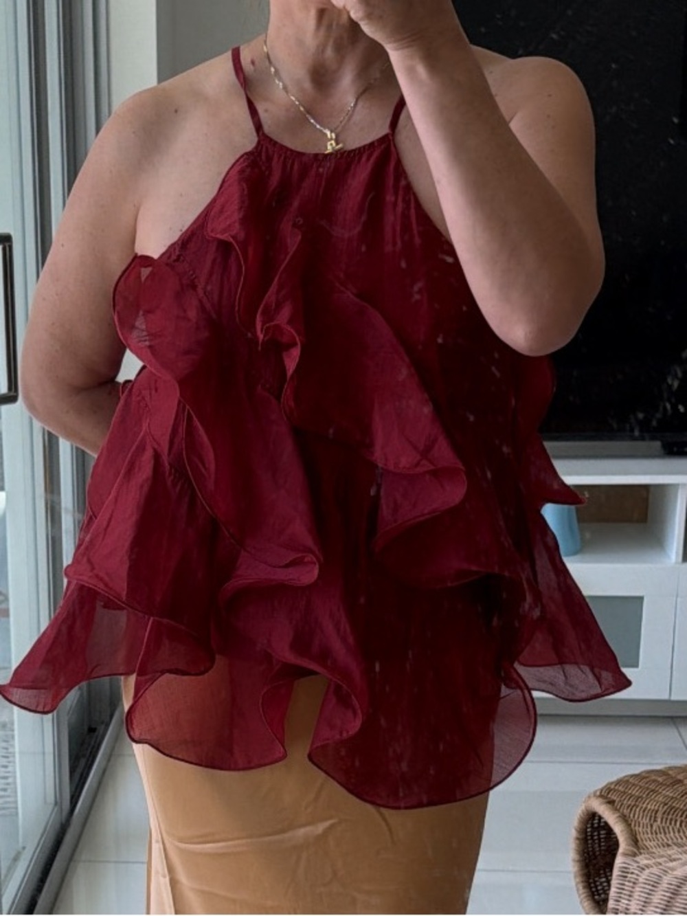 Ruffled Burgundy Halter Shell Top